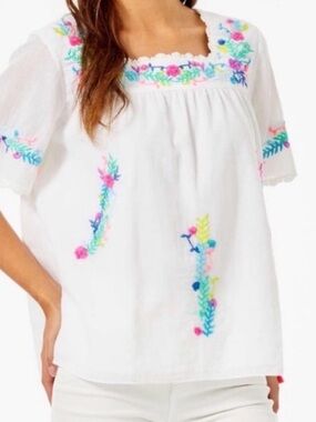 Lilly Pulitzer Tamryn White Embroidered Tunic with Floral Accents Large